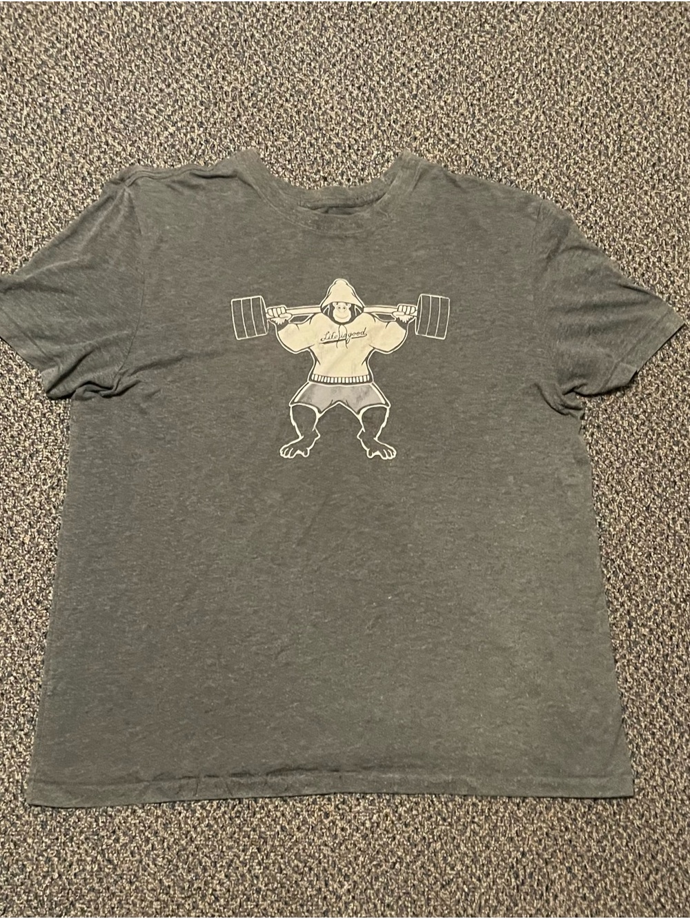 Life Is Good Men's Charcoal T-Shirt with Gorilla Weightlifter Graphic